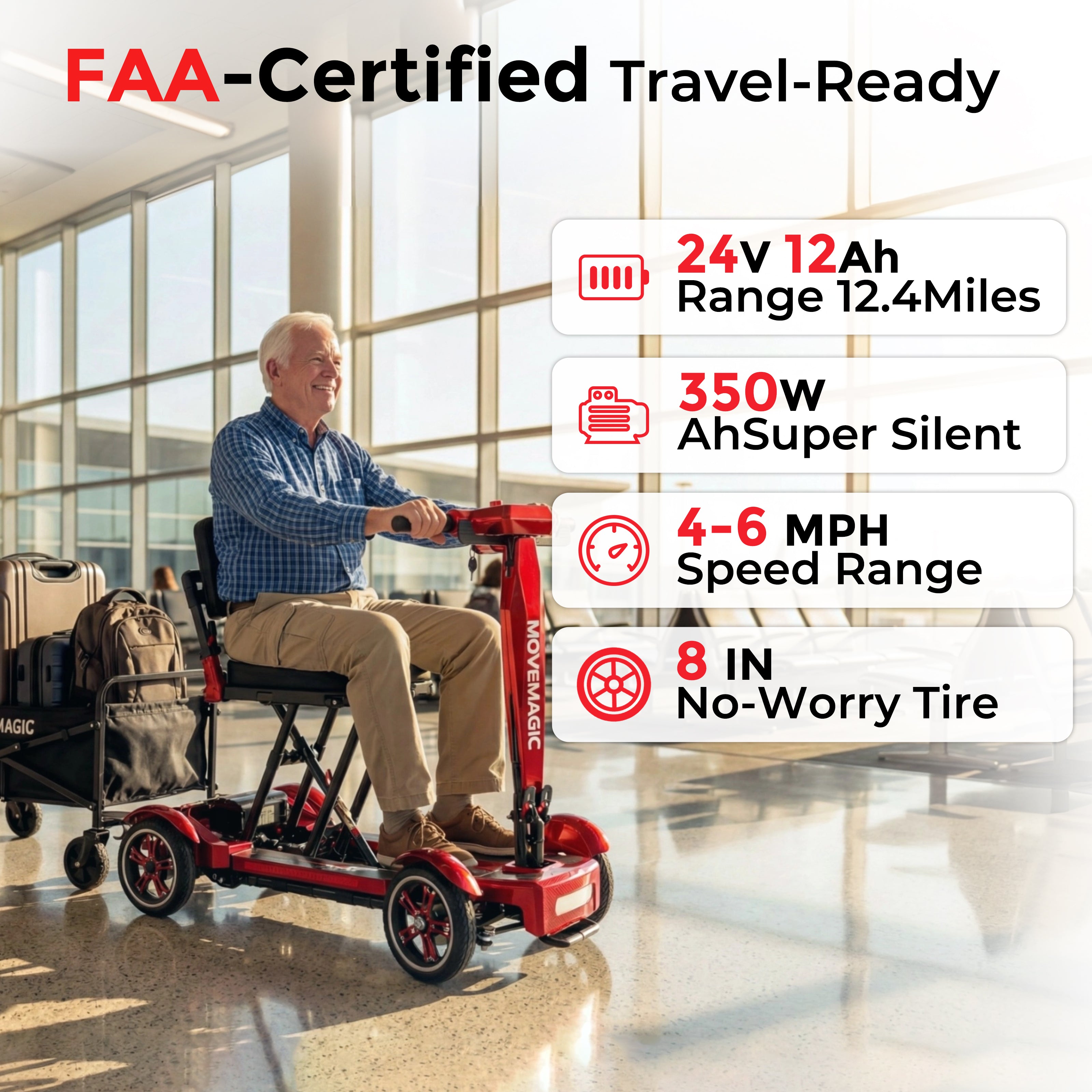MOVEMAGIC 100% carbon fiber mobile scooter -38 pounds lightweight and foldable, approved for aviation and cruise ships, 288WH battery, 350W silent brushless motor