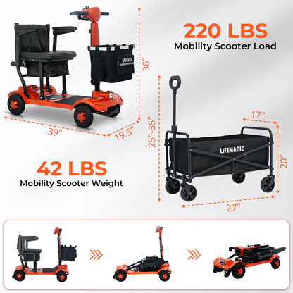 LIFEMAGIC Foldable Mobility Scooter with 112L Total Storage - FAA Approved, 24 Mile Range (Includes Utility Cart)