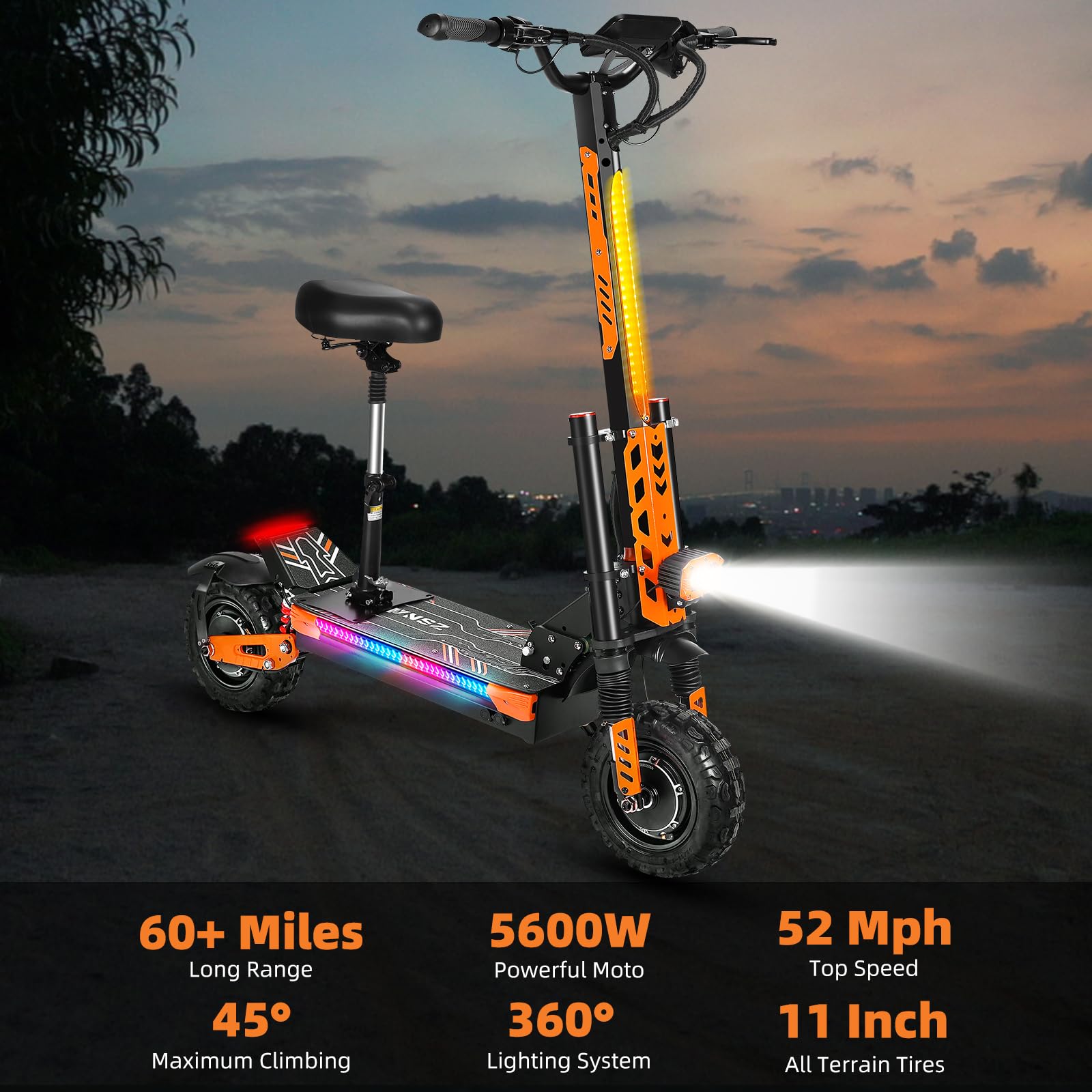 Electric Scooter for Adults 5600W Dual Motors, 30Ah Range 60 Miles, 11” Off-Road Tires