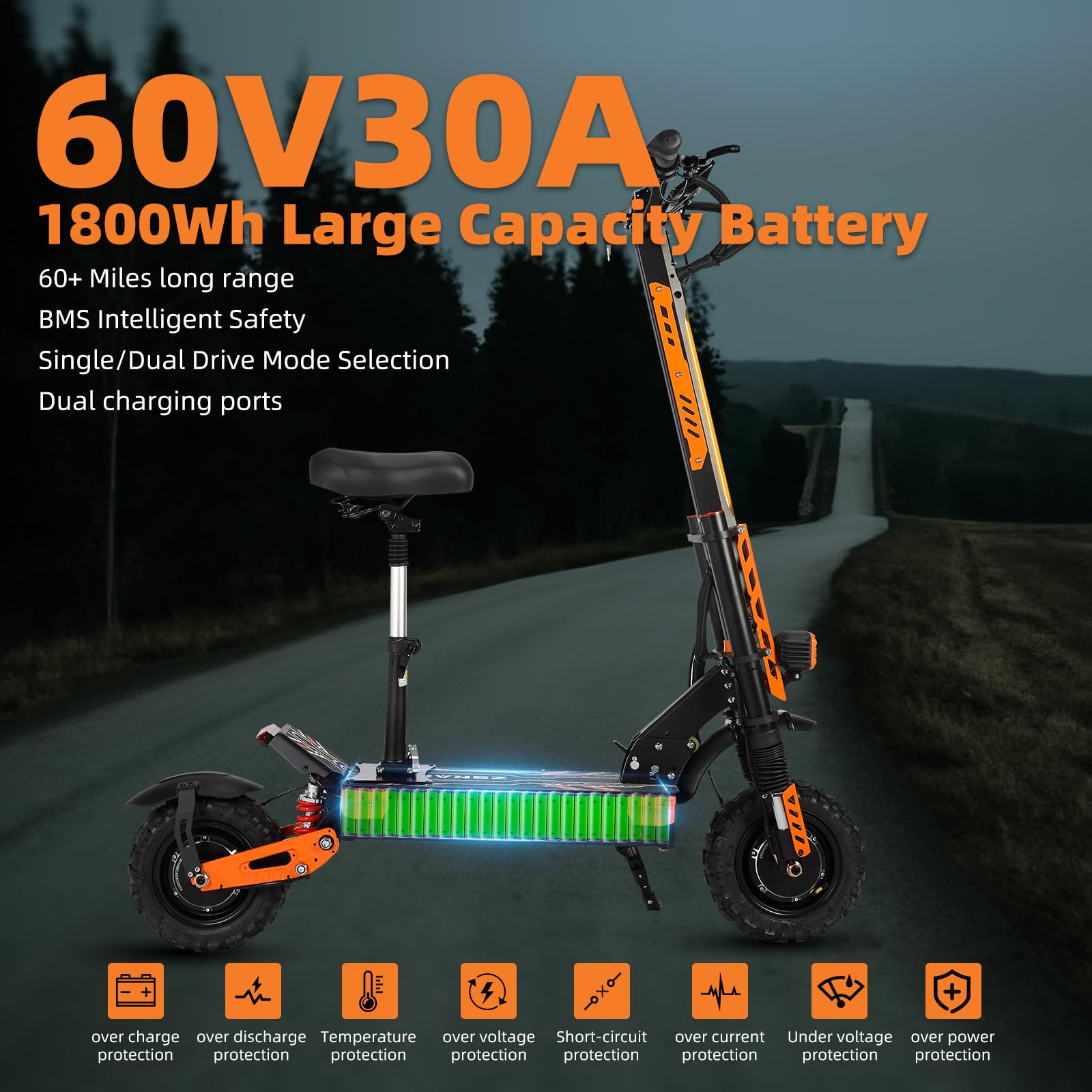 Electric Scooter for Adults 5600W Dual Motors, 30Ah Range 60 Miles, 11” Off-Road Tires