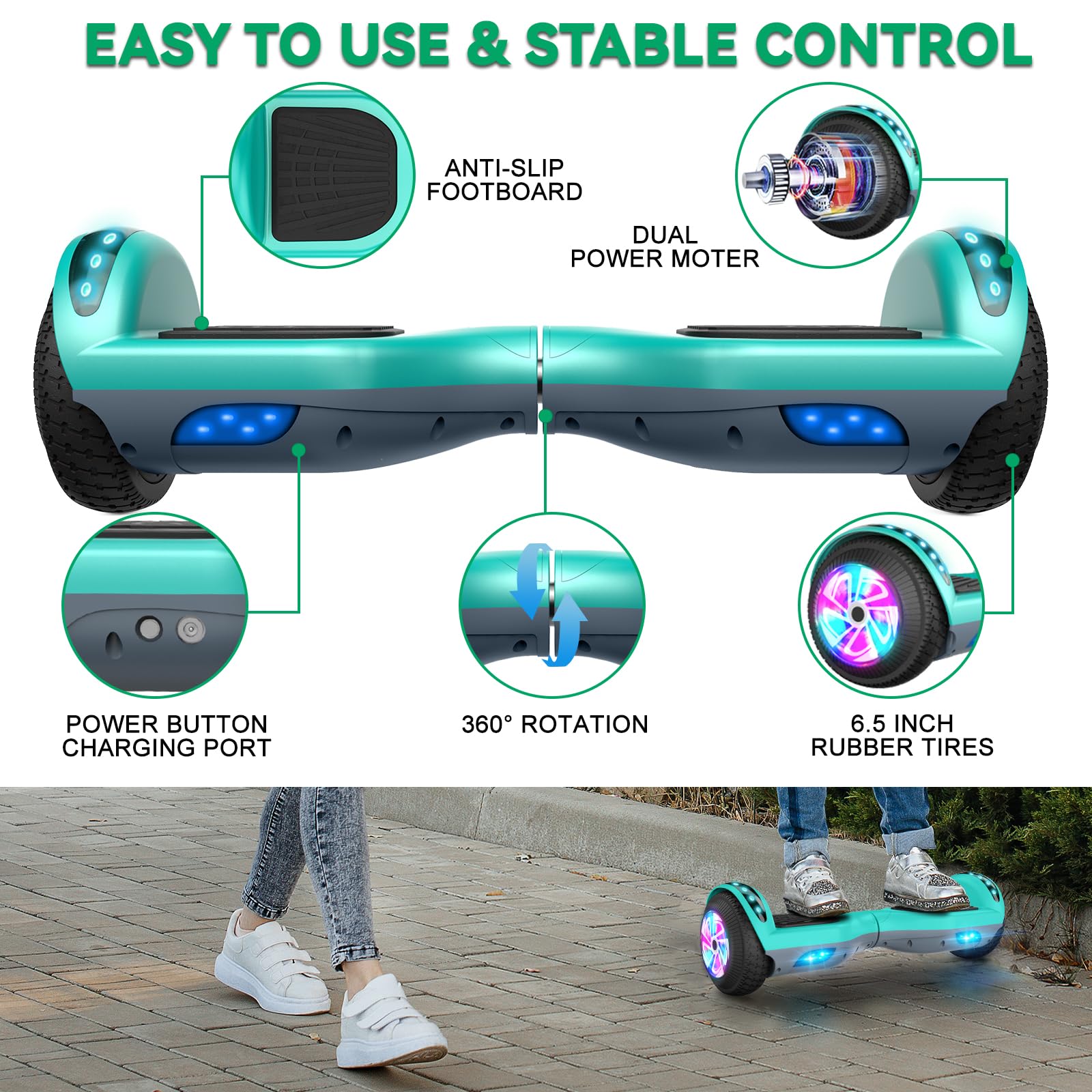 MOVEMAGIC Hoverboard for Kids, Upgraded Hoverboard Bluetooth Speakers & LED Light- 6.5" Tires Dual Powerful Motor Hoverboards All Road - Large Battery Hover Board UL2272 Certified Great Gift- Blue