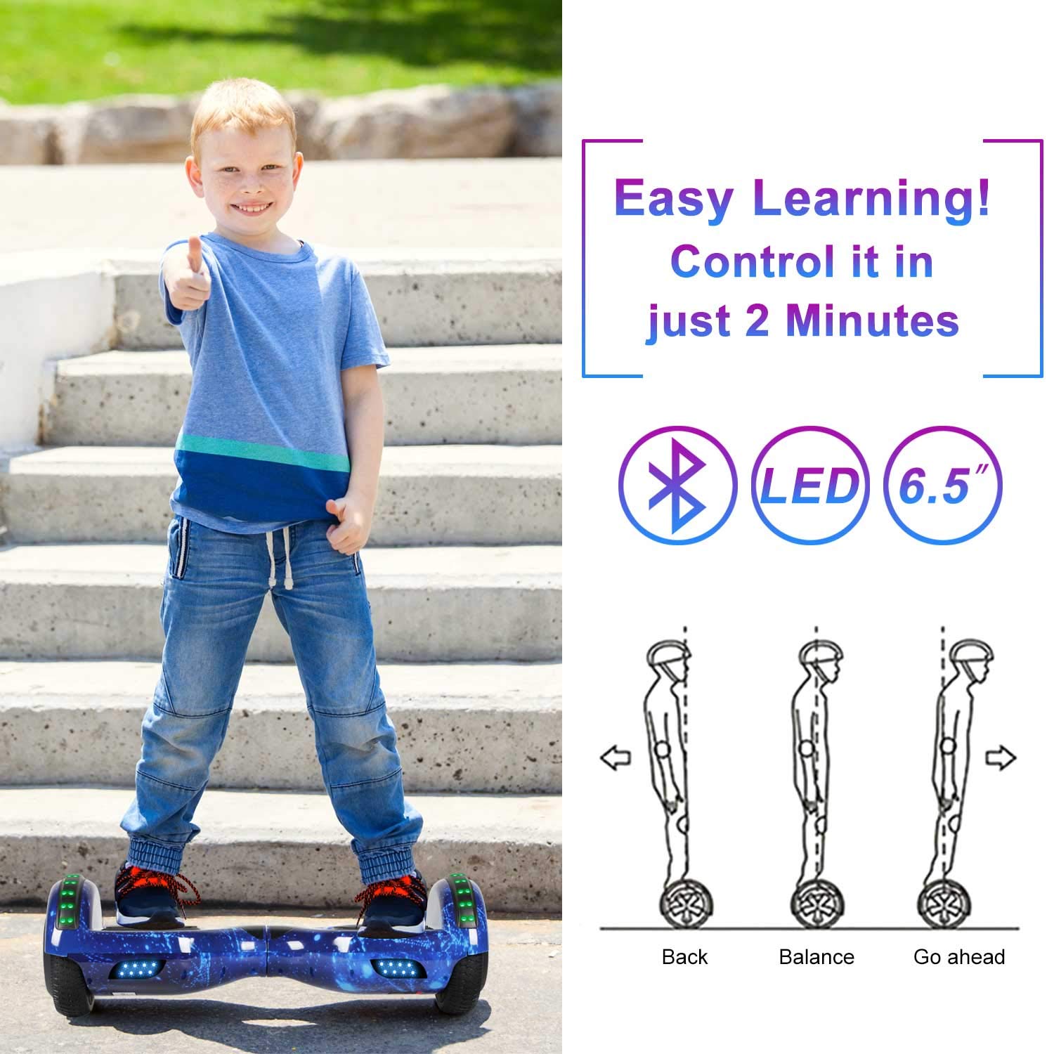 movemagic Hoverboard for Kids Ages 6-12, with Built-in Bluetooth Speaker and 6.5" Colorful Lights Wheels, Safety Certified Self Balancing Scooter Gift for Kids