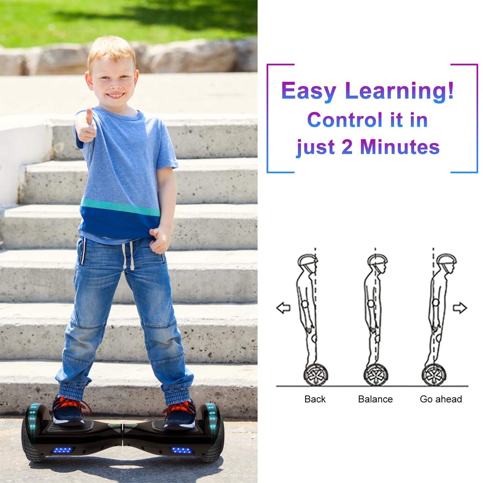 MOVEMAGIC Hoverboard for Kids Ages 6-12, with Built-in Bluetooth Speaker and 6.5" Colorful Lights Wheels, Safety Certified Self Balancing Scooter Gift for Kids